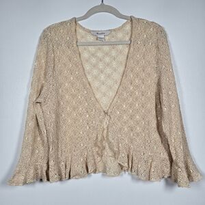 Y2K 90s Vintage TanJay Cream Crochet Romantic Ruffle Lace Flutter Sweater Medium